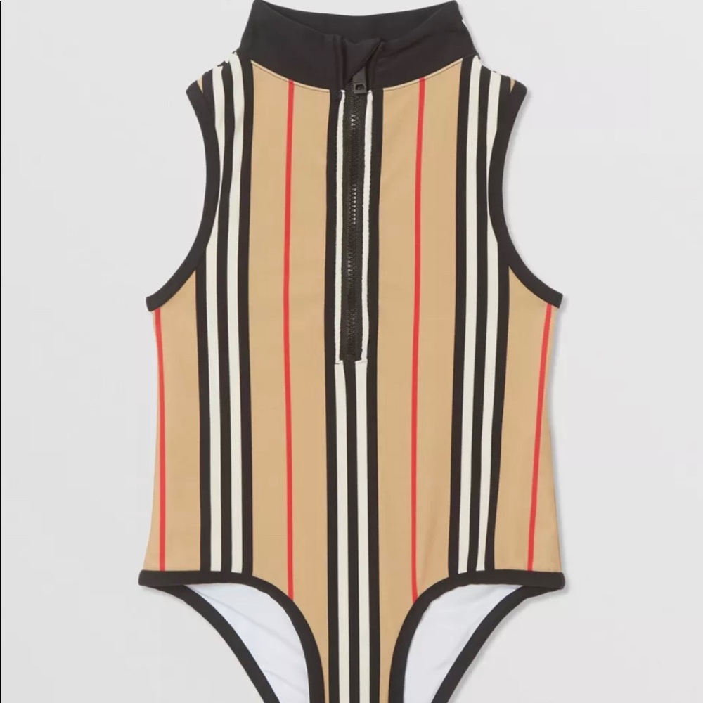 BURBERRY Icon Stripe Zip-front SwimsuitPrice